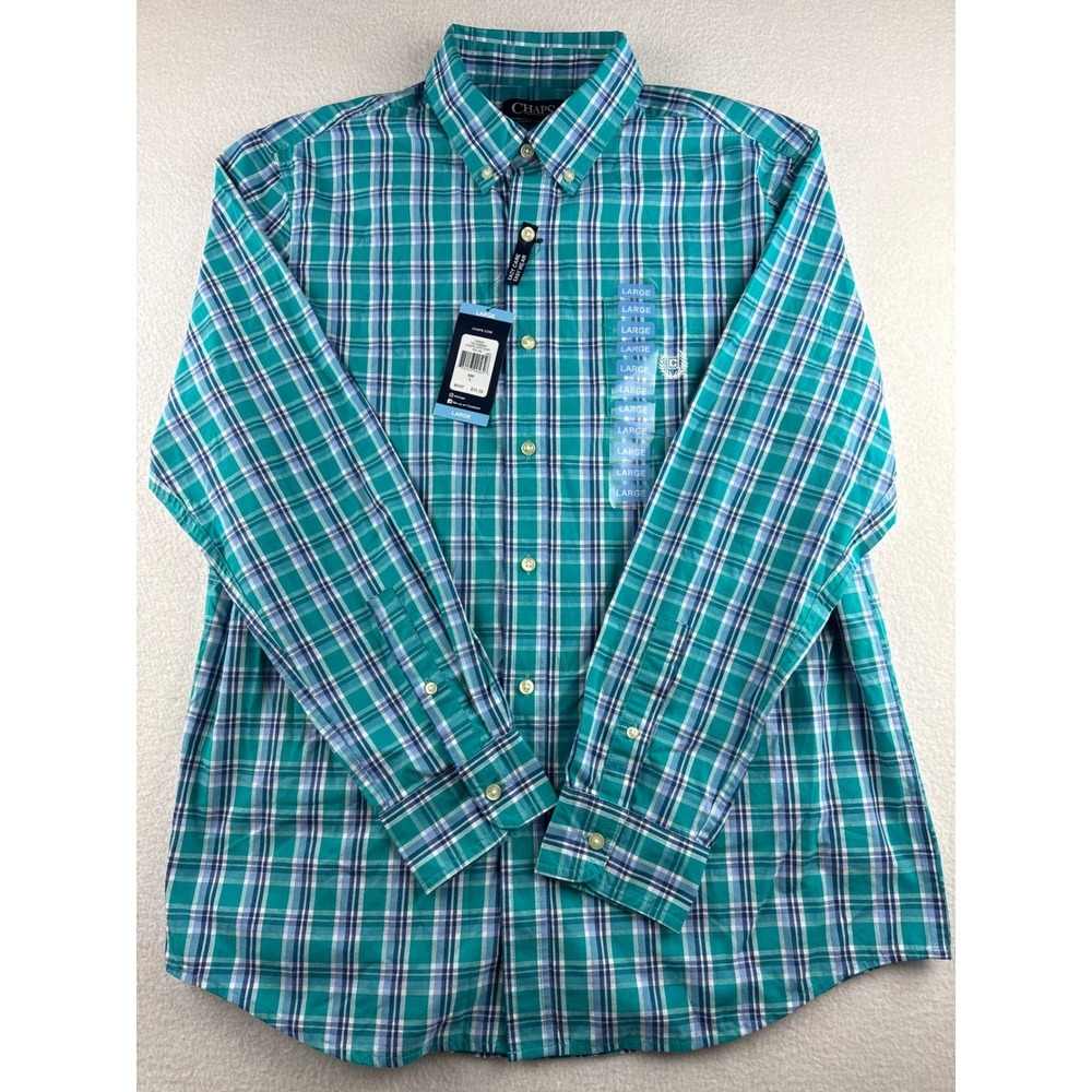 Chaps Mens Large Plaid Button Down Shirt Easy Care Long Sleeve Green Blue